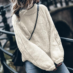 Women knit flower hollow long sleeve pullover crewneck sweater
