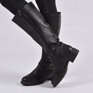 Women buckle strap chunky heel side zipper knee high boots