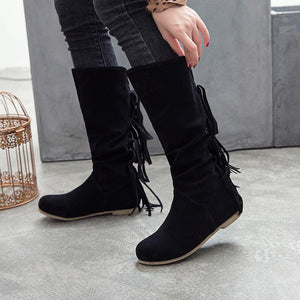 Women knee high flat low heel solid color fringe boots