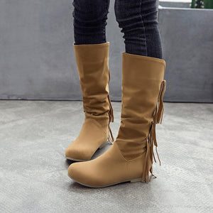 Women knee high flat low heel solid color fringe boots