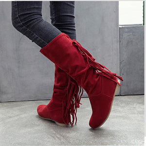 Women knee high flat low heel solid color fringe boots