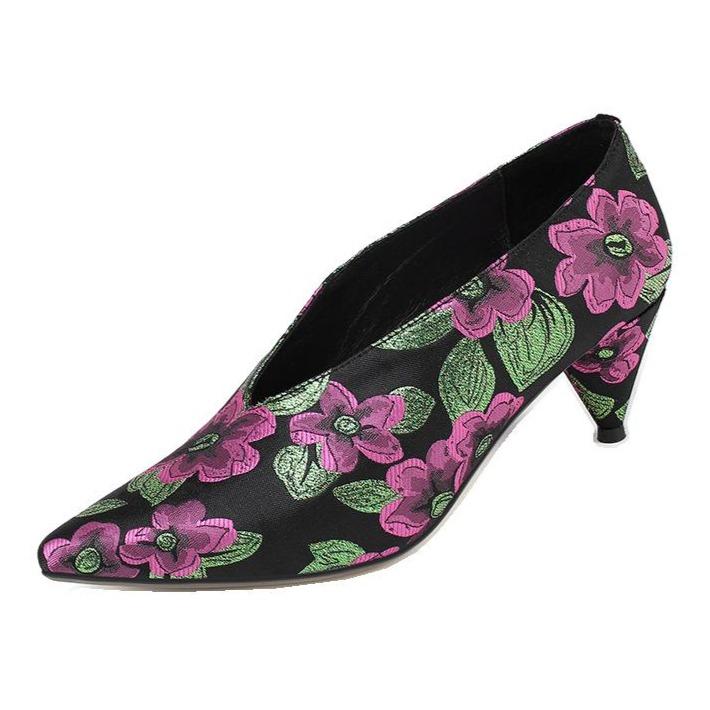 Women summer pointed toe flower sexy chunky heels