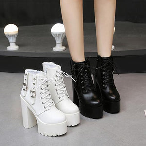 Women high block heel lace up lace up platform boots