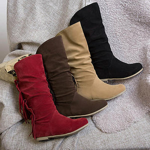 Women knee high flat low heel solid color fringe boots