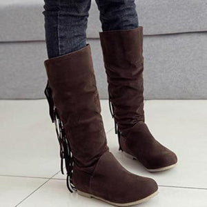 Women knee high flat low heel solid color fringe boots