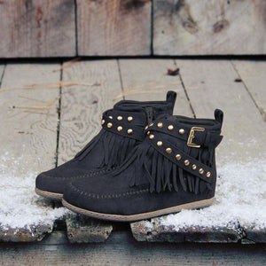Flat fringed ankle boots suede retro boho boots buckle strap short boots