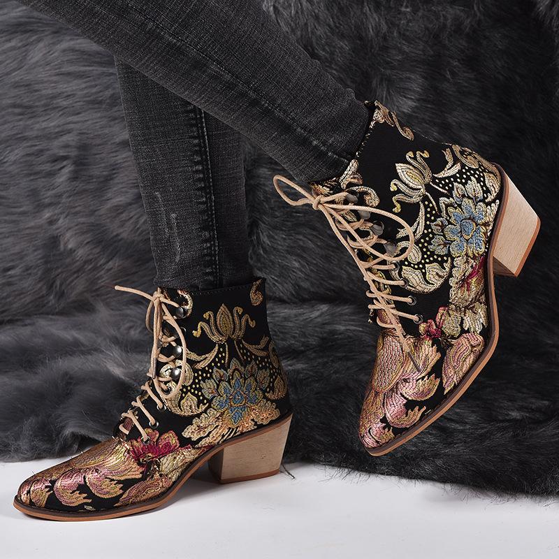 Retro lace-up ankle boots embroidered pointed toe boots Block heel booties