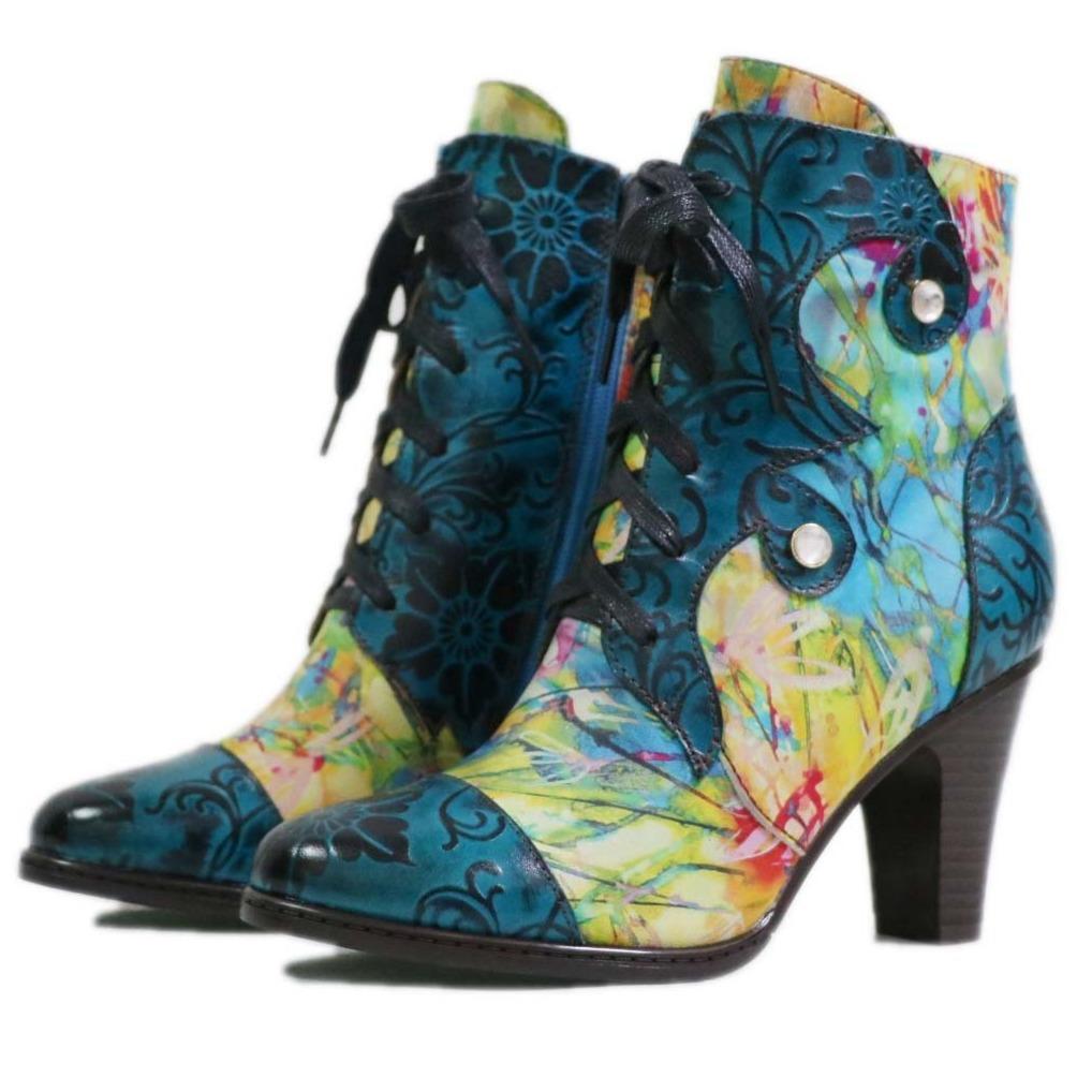 Women's high heeled leather patchwork ankle booties ethnic flower print ankle boots