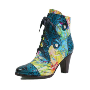 Women's high heeled leather patchwork ankle booties ethnic flower print ankle boots