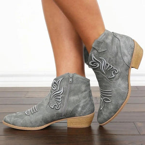Retro embroidered ankle boots fashion V-cut block heel pointed toe boots
