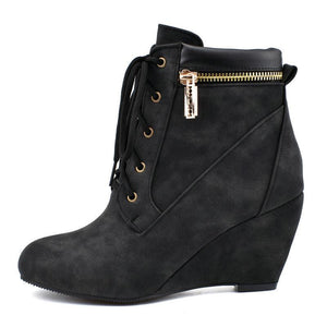 Women ankle zipper lace up high heel wedge boots