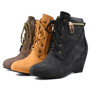 Women ankle zipper lace up high heel wedge boots