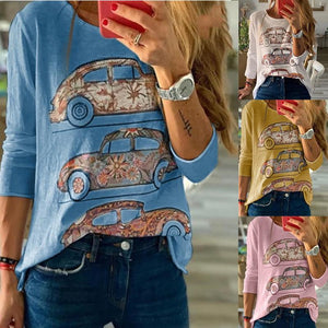 Long Sleeve Round Neck Car Printed Women Tops - fashionshoeshouse