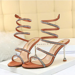 Women sparkly rhinestone ring ankle strap open toe stiletto prom heels