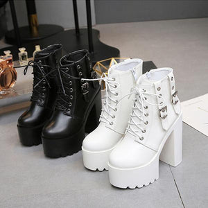 Women high block heel lace up lace up platform boots