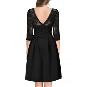 Lace patchwork 3/4 sleeves A-lined flare dress | Fall winter formal cocktail party prom mini dress