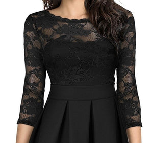 Lace patchwork 3/4 sleeves A-lined flare dress | Fall winter formal cocktail party prom mini dress