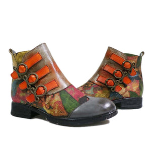 Women ankle flower printed buckle strap chunky heel boots