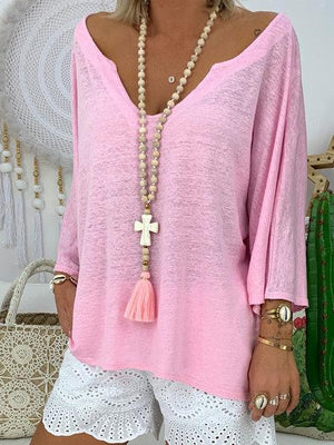 Pure Color Loose Flared Sleeve V Neck Women Tops