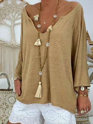 Pure Color Loose Flared Sleeve V Neck Women Tops