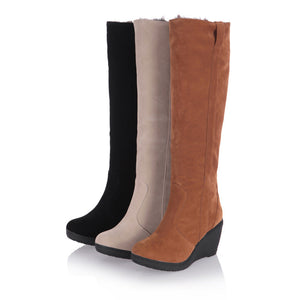 Women knee high boots | Platform wedge heel lining faux fur winter boots | Minimalist long boots