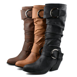 Women chunky high heel buckle strap motorcycle boots