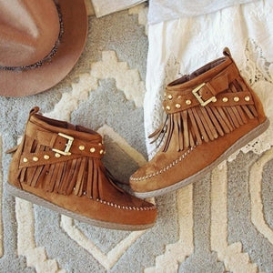 Flat fringed ankle boots suede retro boho boots buckle strap short boots