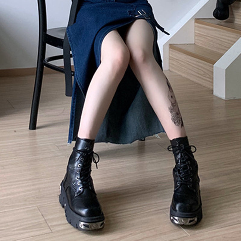 Women lace up chunky platform black short motorcycle boots