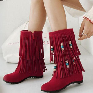 Women mid calf side zipper beaded fringe boots