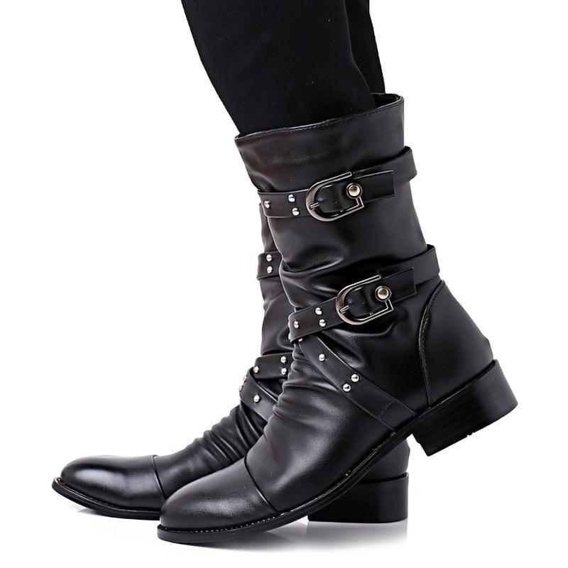 Women's mid calf motorcycle boots buckle strap slouch boots