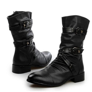Women's mid calf motorcycle boots buckle strap slouch boots