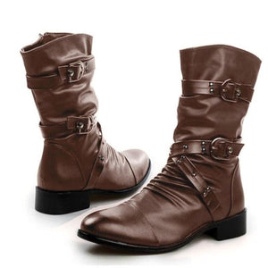 Women's mid calf motorcycle boots buckle strap slouch boots