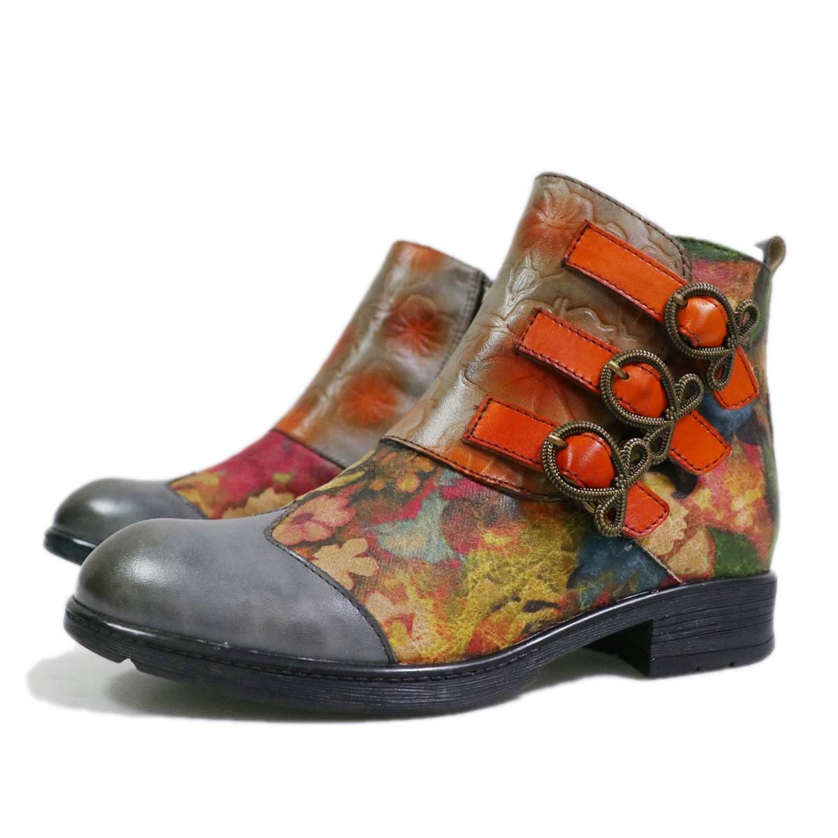 Women ankle flower printed buckle strap chunky heel boots