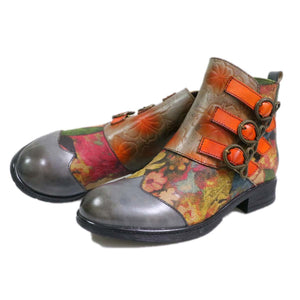 Women ankle flower printed buckle strap chunky heel boots