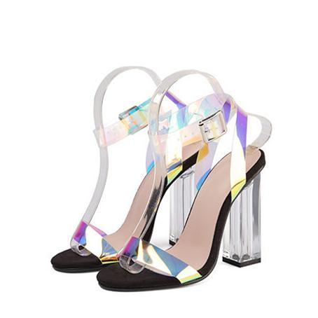 Women open toe colorful ankle strap square clear chunky heels