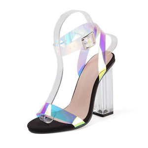 Women open toe colorful ankle strap square clear chunky heels