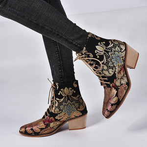 Retro lace-up ankle boots embroidered pointed toe boots Block heel booties