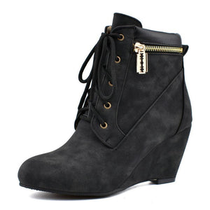 Women ankle zipper lace up high heel wedge boots