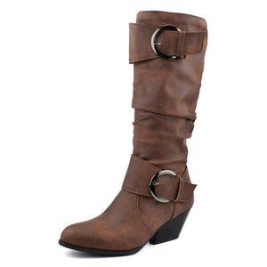 Women chunky high heel buckle strap motorcycle boots