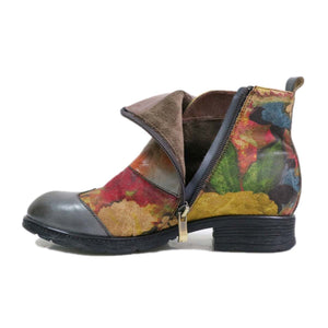 Women ankle flower printed buckle strap chunky heel boots