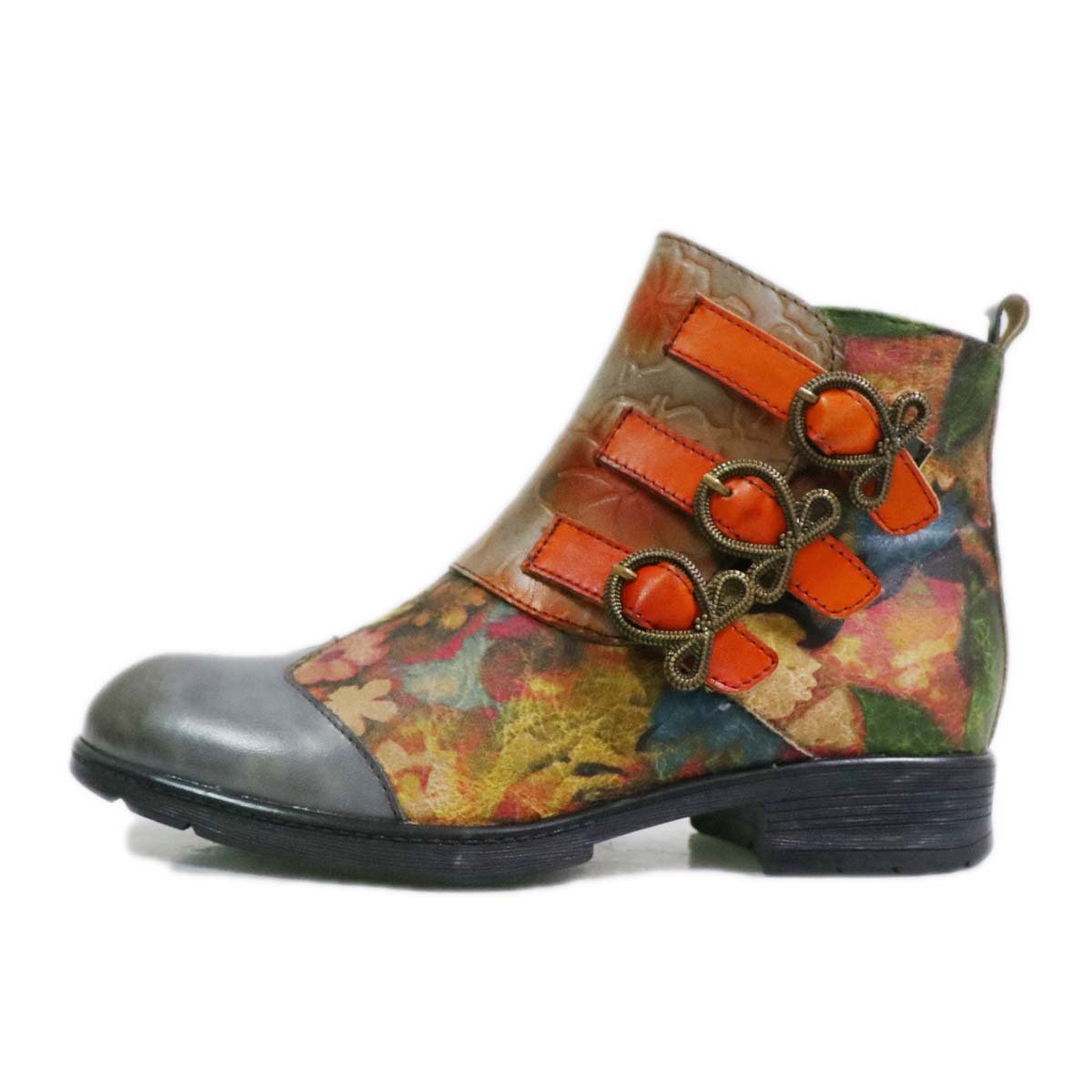 Women ankle flower printed buckle strap chunky heel boots