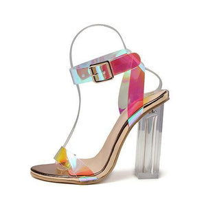 Women open toe colorful ankle strap square clear chunky heels