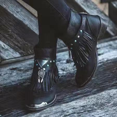 Fringed ankle boots retro boho boots Low block heel boots
