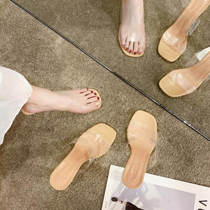 Women Two Strap Chunky Heel Clear Sandals