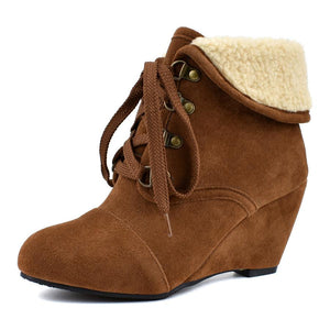 Women winter wedge lace up turn edge ankle boots
