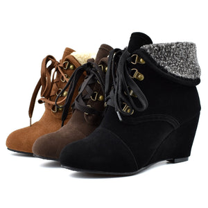 Women winter wedge lace up turn edge ankle boots
