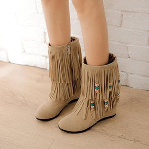 Women mid calf side zipper beaded fringe boots