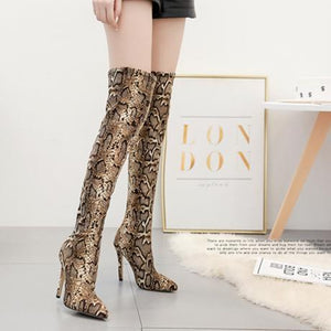 Women's sexy stiletto high heel snakeskin print thigh high boots elastic boots for party