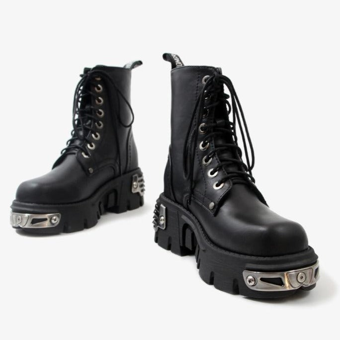 Women lace up chunky platform black short motorcycle boots