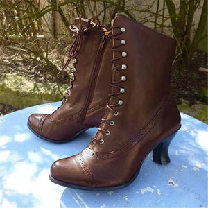 Vintage Louis heels boots retro lace-up mid calf pointed toe dress boots